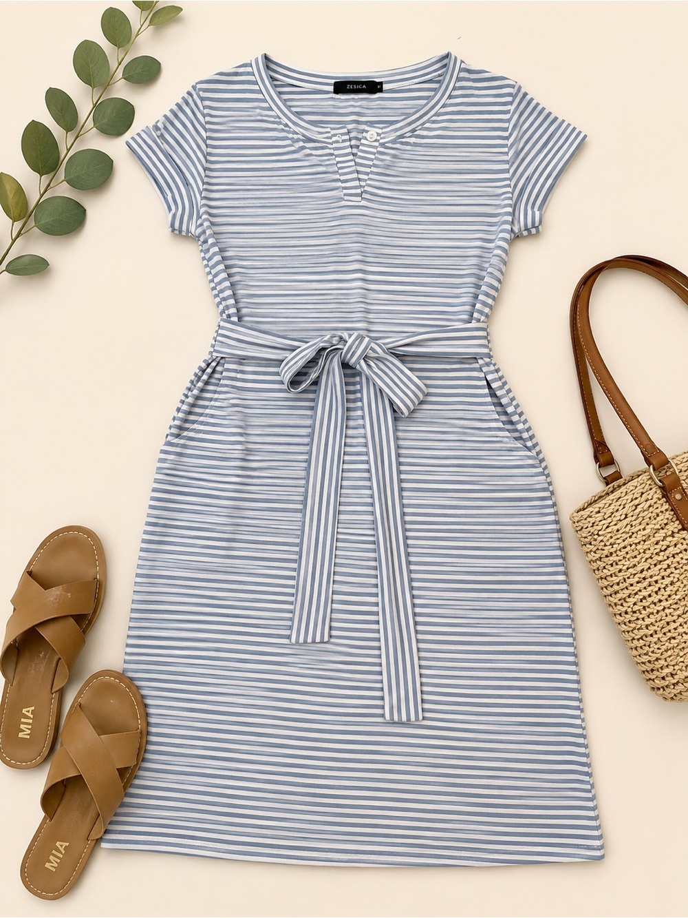 ZESICA Blue White Striped Belted T-Shirt Dress Size M